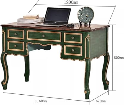 Solid Wood Desk, Simple Desk and Chair for Study, Vintage Green Writing Desk, Computer Desk, Household Storage Cabinet(B)