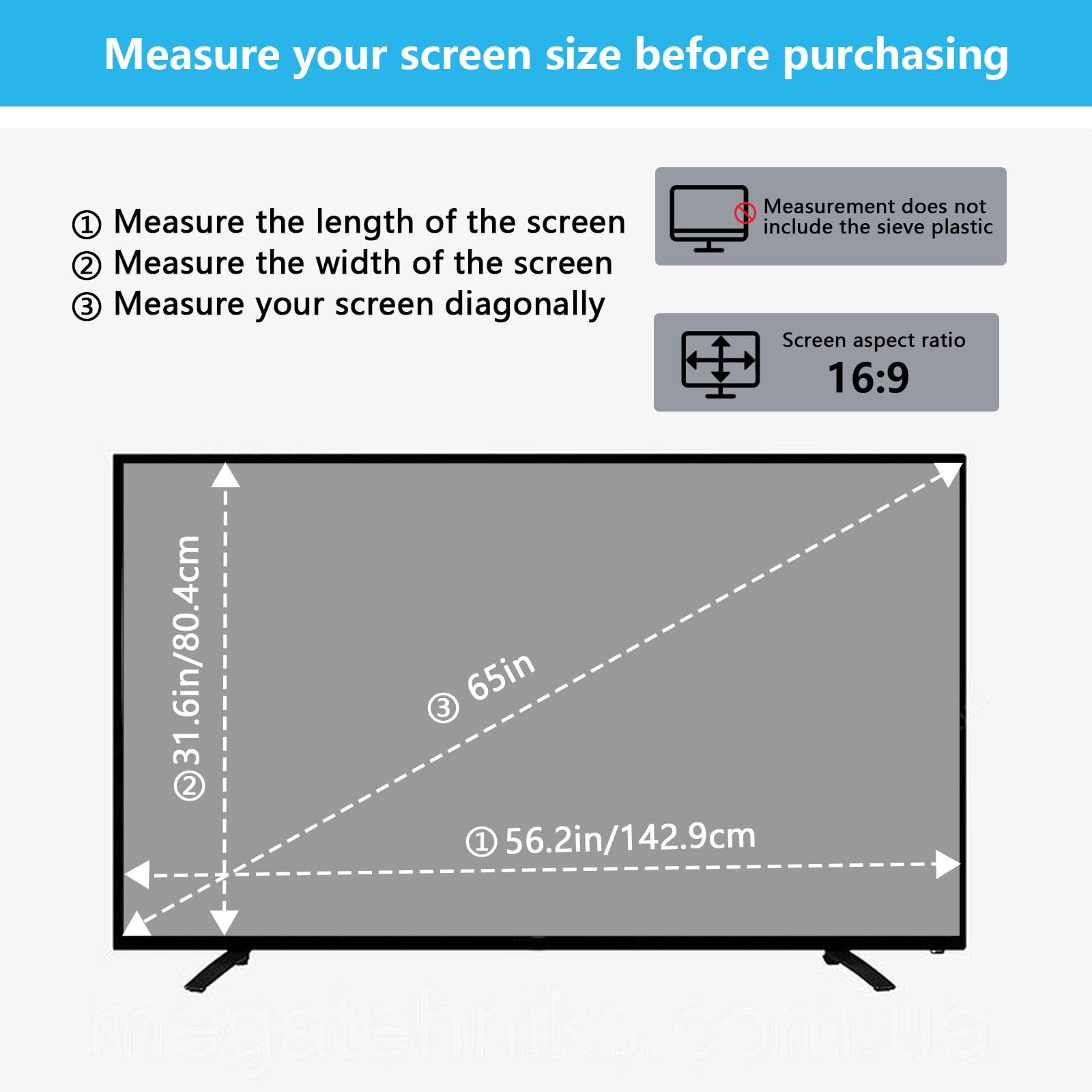 Protector De Pantalla Para TV Con Filtro De Luz Azul, Lámina Mate Antirrayaduras Que Bloquea La Luz Azul, Fácil Instalación para Pantallas LCD, LED Y OLED,65" 1429x804mm