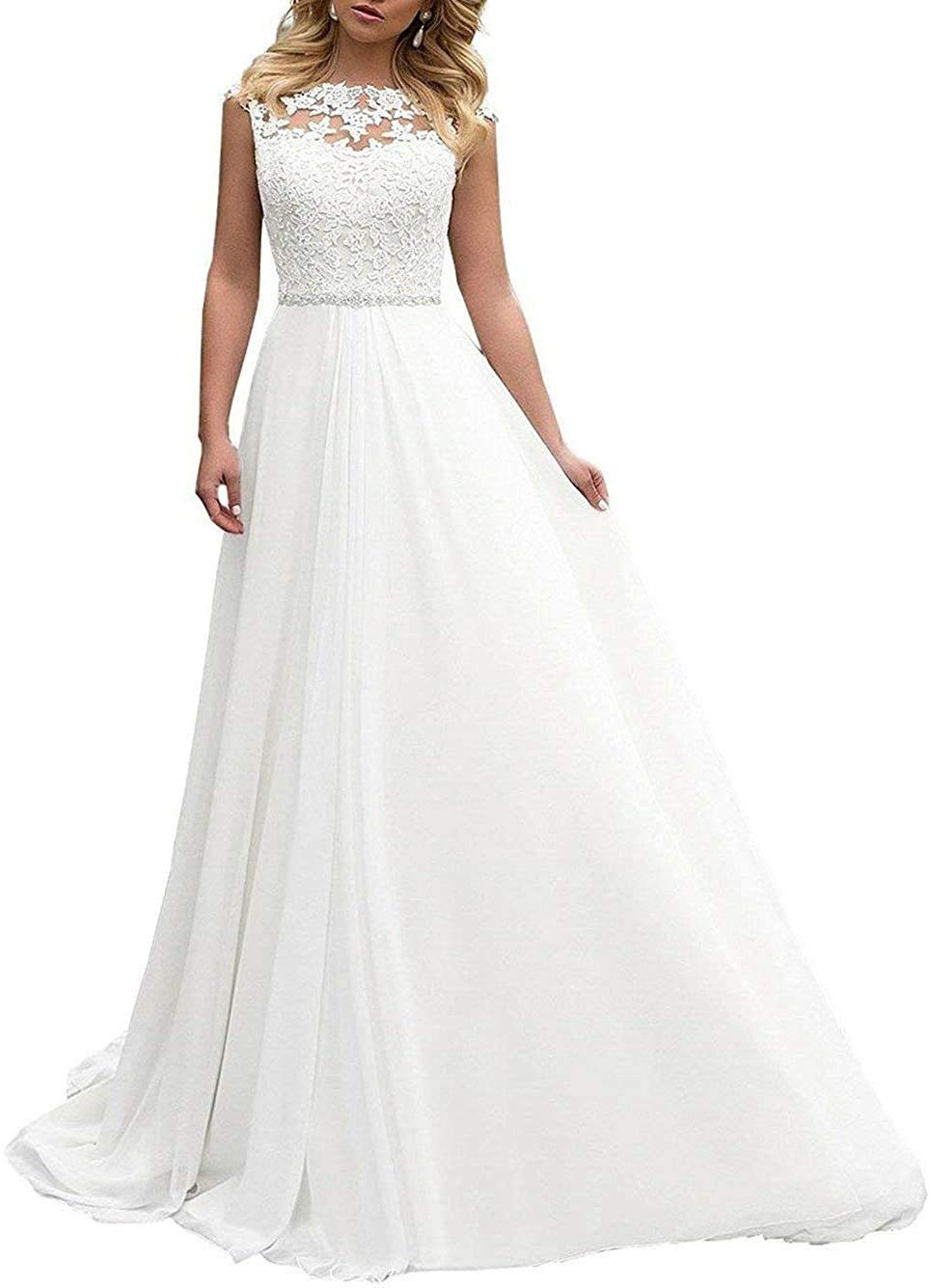 Chiffon Largo Vestido de Novia Civil Vestido de Novia de Moda Encaje de Línea a sin Espalda, Marfil, 40