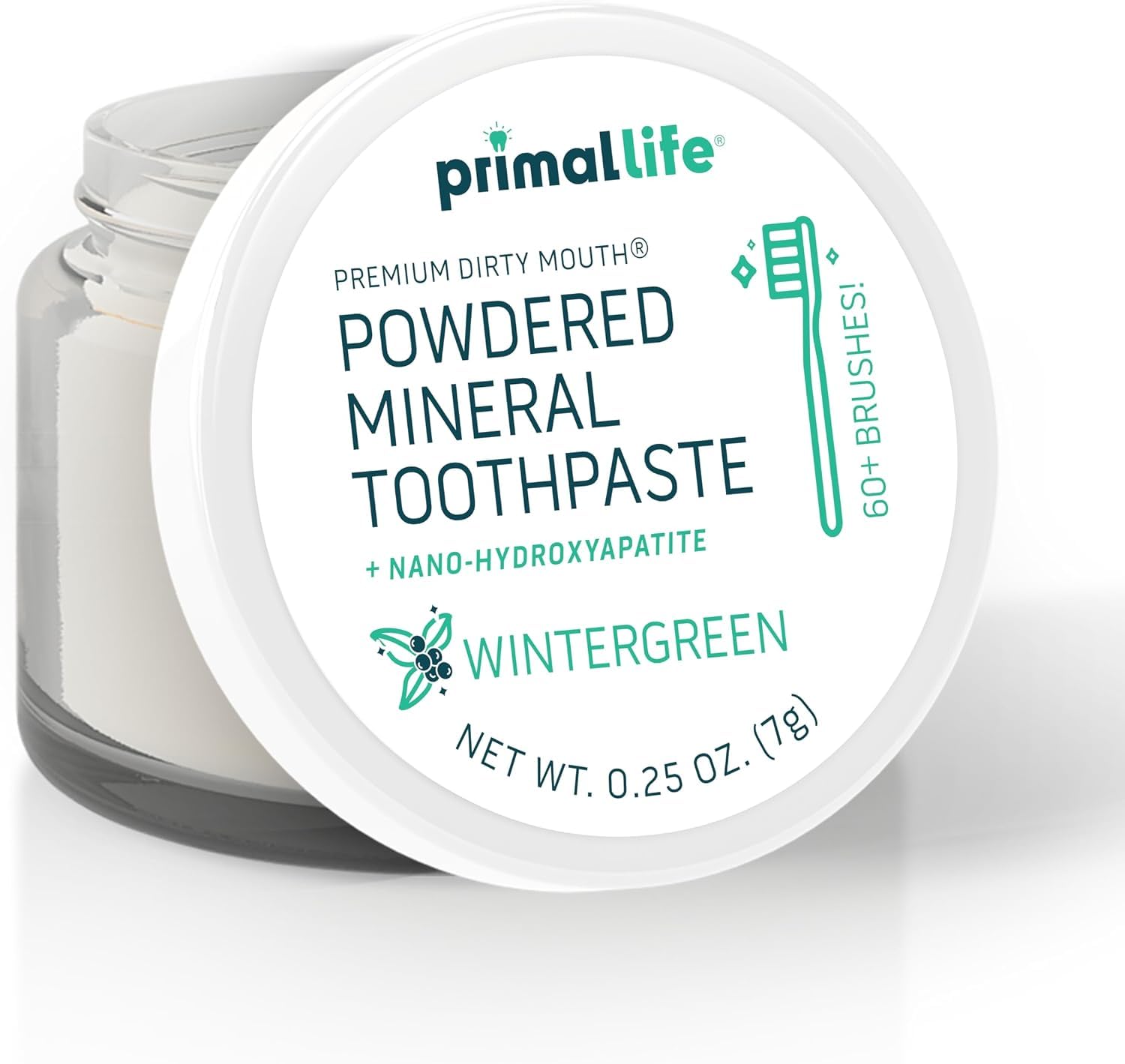 Primal Life Organics - Dirty Mouth Toothpowder, Tooth Cleaning Powder, Flavored Essential Oils with Natural Kaolin &amp; Bentonite Clay, Good for 60+ Brushings, Organic, Vegan (Wintergreen, 0.25 oz)