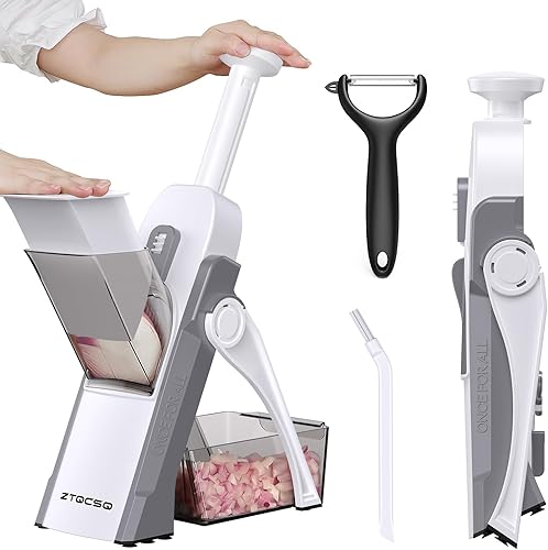 Miniatura 12 de [5 en 1] Cortadora de mandolina para cocina y picadora de verduras segura y rebanadora de mandolina ajustable, no se puede quitar, la mandolina