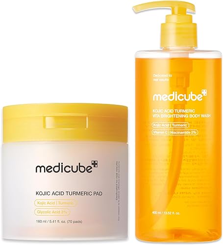medicube Kojic Acid Body Wash & Prep Duo: Kojic Acid Turmeric Toner Pads and Turmeric Body Wash | Simple Cleanse & Swipe Routine for Glowing-Looking Body Skin
