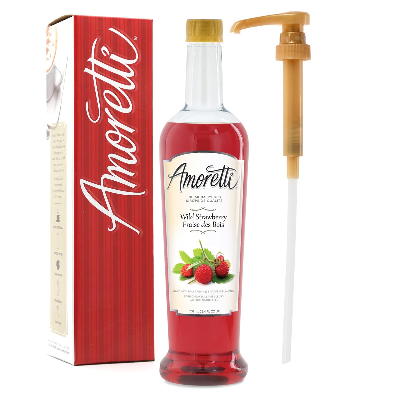 Amoretti - Premium Wild Strawberry Syrup, 94 Servings Per Bottle (750 ml), with Pump for Flavoring Coffees, Cocktails, and other Beverages, Gluten Free, GMO/GEO Free, Preservative Free