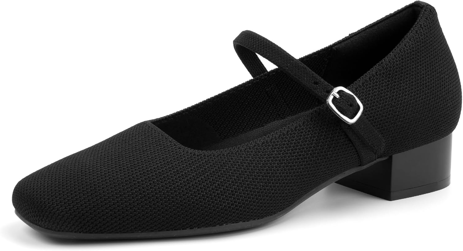 Women's Mary Jane Pumps Chunky Heel Ankle Strap Dress Shoes Knit Stretchy Square Toe Casual Office Low Heels
