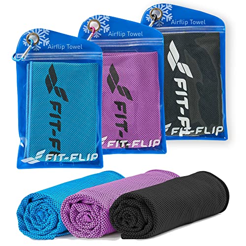 Set of 3 cooling towels 100x30cm, cooling microfibre sports towel, Airflip ice cooling towel, sports towel, microfibre cooling towel colour: black/blue/purple, size: 100x30cm