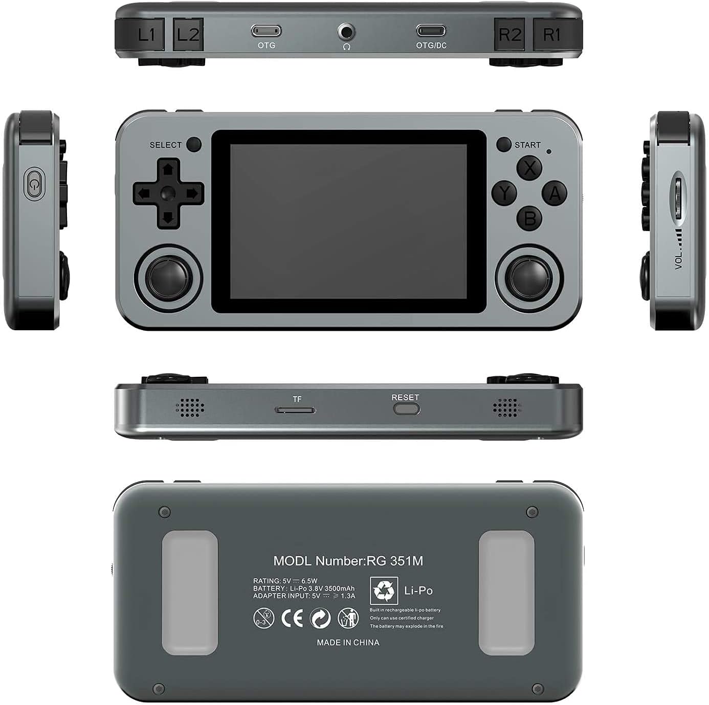 Multiple views of the ANBERNIC RG351M console from different angles