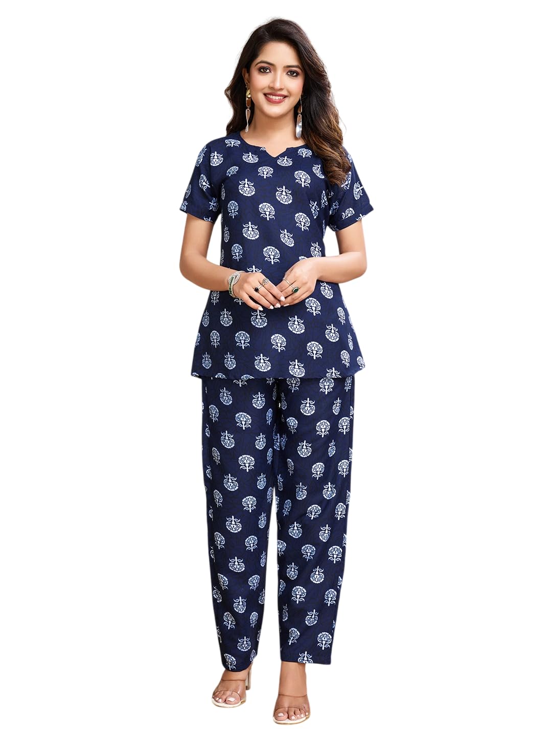 The Ayra Fashion Women's Cotton Printed Cord Set | Short Sleeve Kurti Style Top and Pyjama Set | Indigo Blue Ethnic Floral Co-Ord Set for Women-picture-48