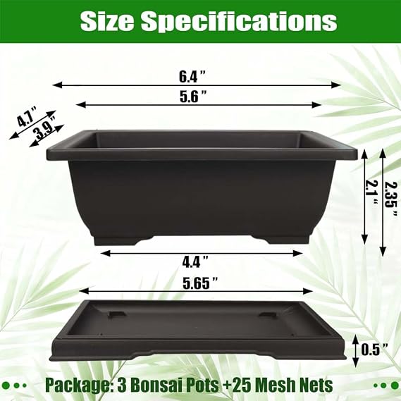 MUZHI 3PCS Retro Style Small Rectangular Garden Pots Bonsai Planters Pot with Tray Mocha Plastic Plant Pot with Pallet 6.5 (3PCS Rect 6)
