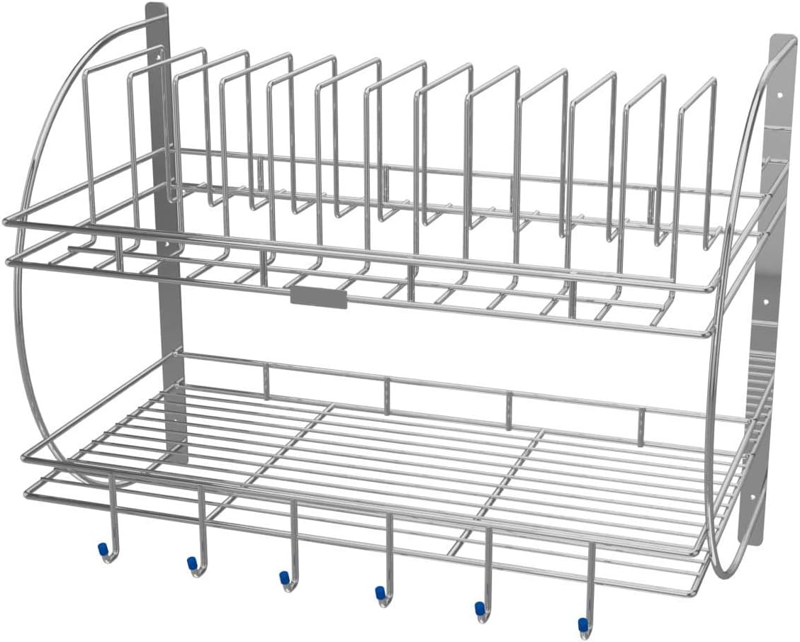 Dhaval 2 Tier Stainless Steel Dish Rack with Cutlery Stand, Wall Mounted Kitchen Organizer Shelf, Multipurpose Plate Bowl Cup Utensil Holder, Rust Resistant Space Saving Kitchen Storage Rack