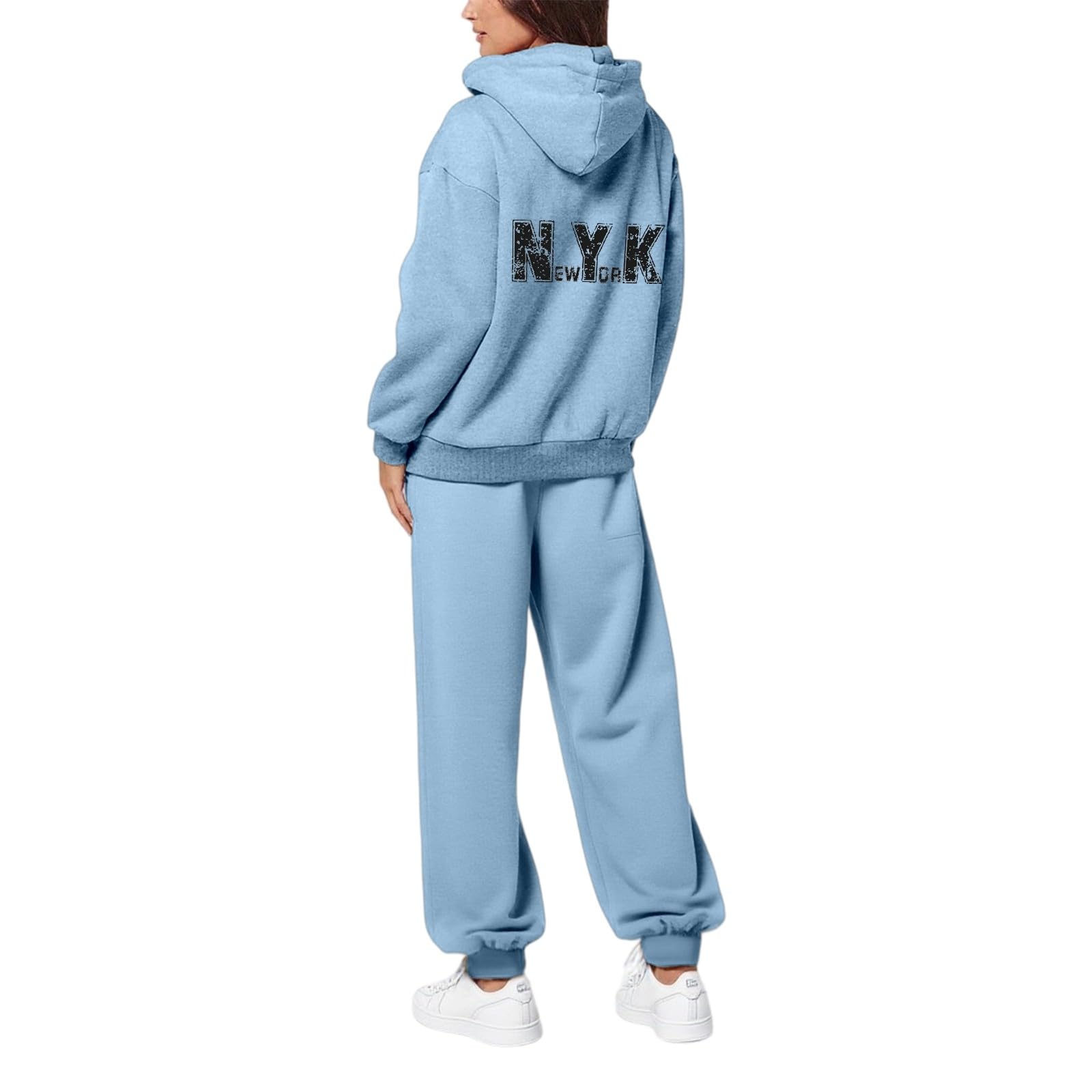 Completo tuta casual da donna con stampa di lettere, felpa con cappuccio e coulisse, pantaloni jogger, manica lunga, zip e tasche