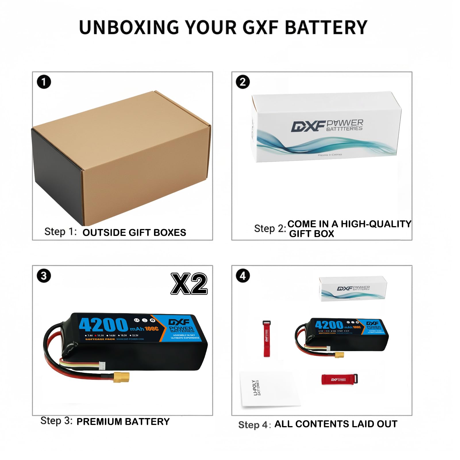 DXF Batteria LiPo 3S 11.1V 4200mAh 100C Spina XT60 Auto RC 1/8 1/10 Truck Buggy Monster Jam Compatta Leggera Potente Gare Racing Modellismo 2 Pezzi