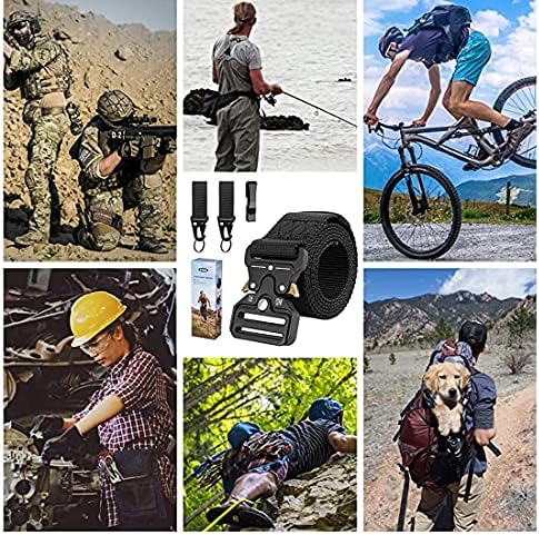 Mens Tactical Belt, Military style safety belts, Heavy Duty Nylon Canvas Waist Belt with 2 Hooks and Quick Release Cobra Buckle for Outdoor Sports Camping Hunting