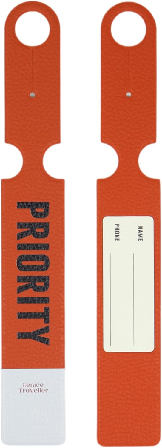 FENICE Vegan PU Leather Fragile Priority Luggage Tag Label for Suitcase Travel Bag (Orange-Priority)