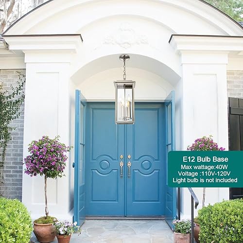 Miniatura 3 de Lámpara colgante de 4 luces para exteriores, níquel cepillado, lámpara colgante vintage con jaula de vidrio transparente para porche, lámpara de