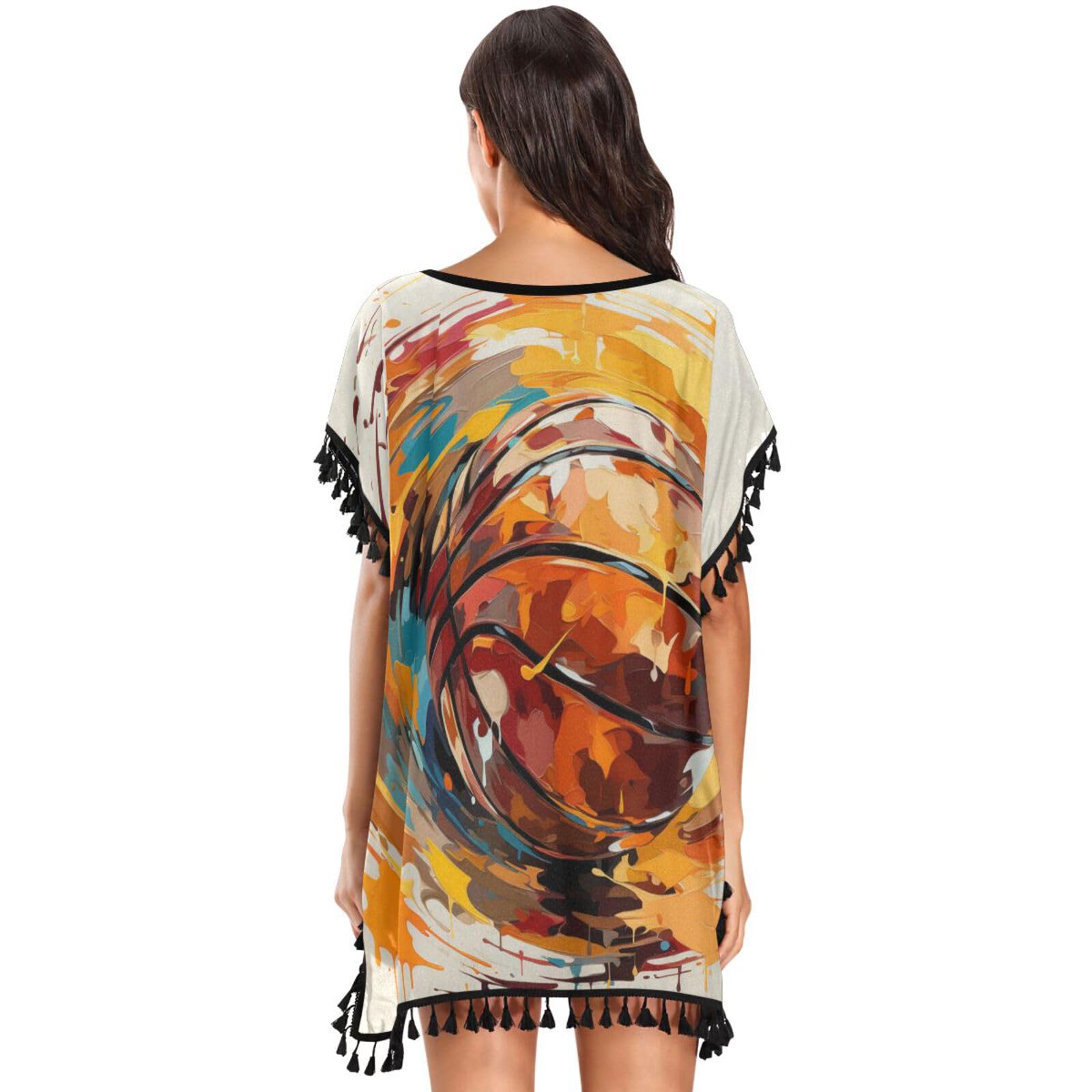Basketball Watercolor Art Women's Beach Cover Up Chiffon Tassel Swimwear Swimsuit Coverups for Girl