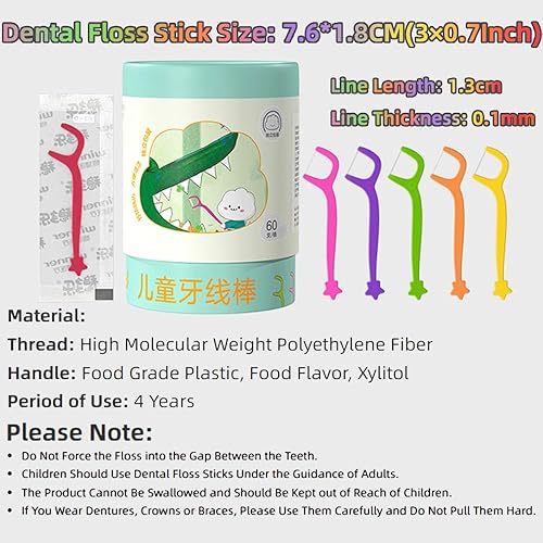 Miniatura 6 de Hilo dental para niños, múltiples sabores de frutas, palillos de hilo dental para niños de todas las edades, envueltos individualmente (60 unidades)