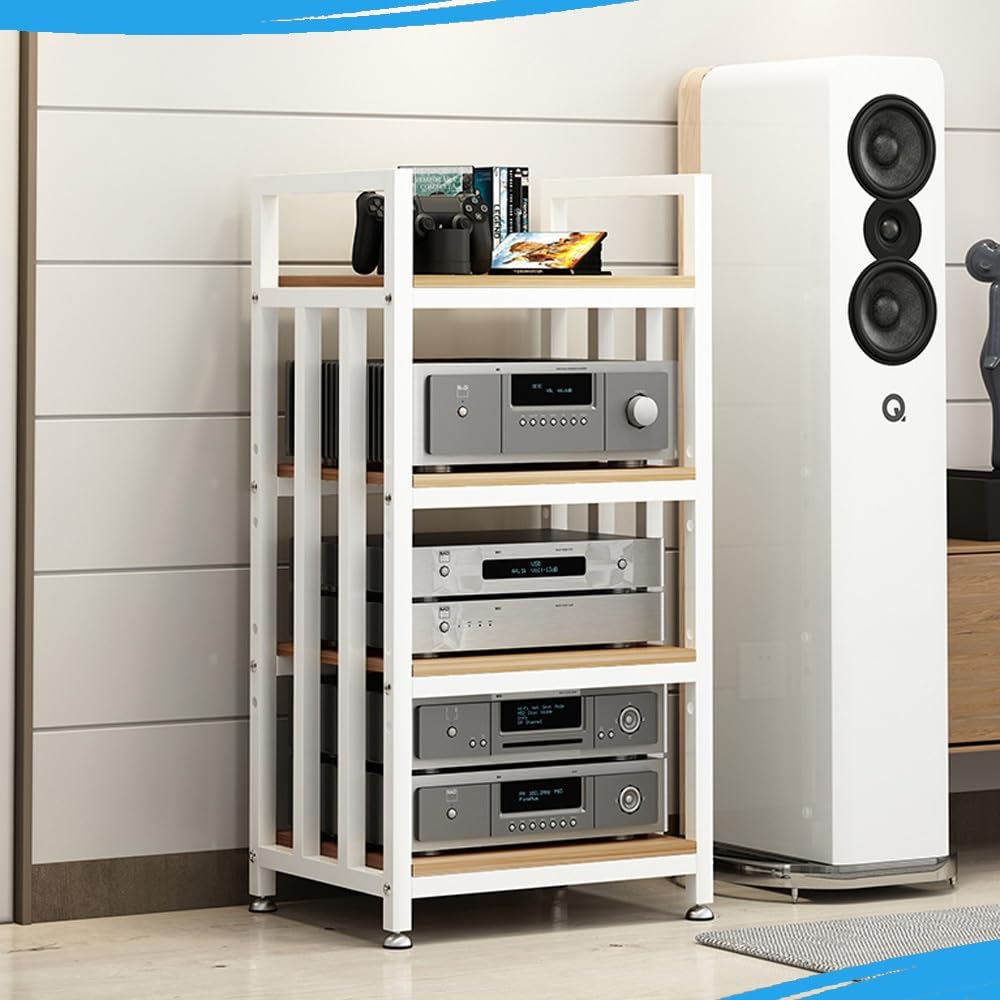 Stojak na odtwarzacz płyt HiFi 3-poziomowy i szafka do przechowywania multimediów, regulowany stojak AV, do telewizora, konsoli do gier wideo i narożnego wyświetlacza, białe i orzechowe wykończenie