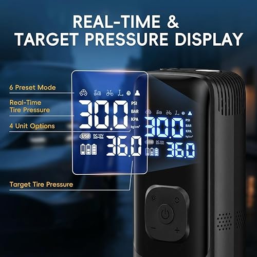 Miniatura 5 de Compresor de aire portátil para inflador de neumáticos, bomba de aire para neumáticos de automóvil con medidor de presión digital, banco de energía,
