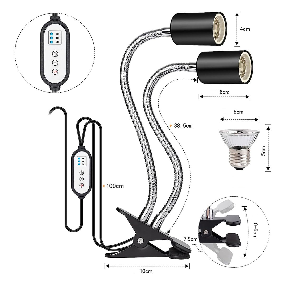 Lampada a calore rettile a doppia testa con morsetto, luce rettile con timer ciclo per tartarughe, con spina europea