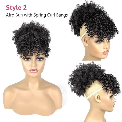 Miniatura 3 de Juego de 4 piezas de extensiones de cola de caballo afro con cordón y 3 flequillo, pelo de piña para mujeres negras, sintético, corto, rizado, moño