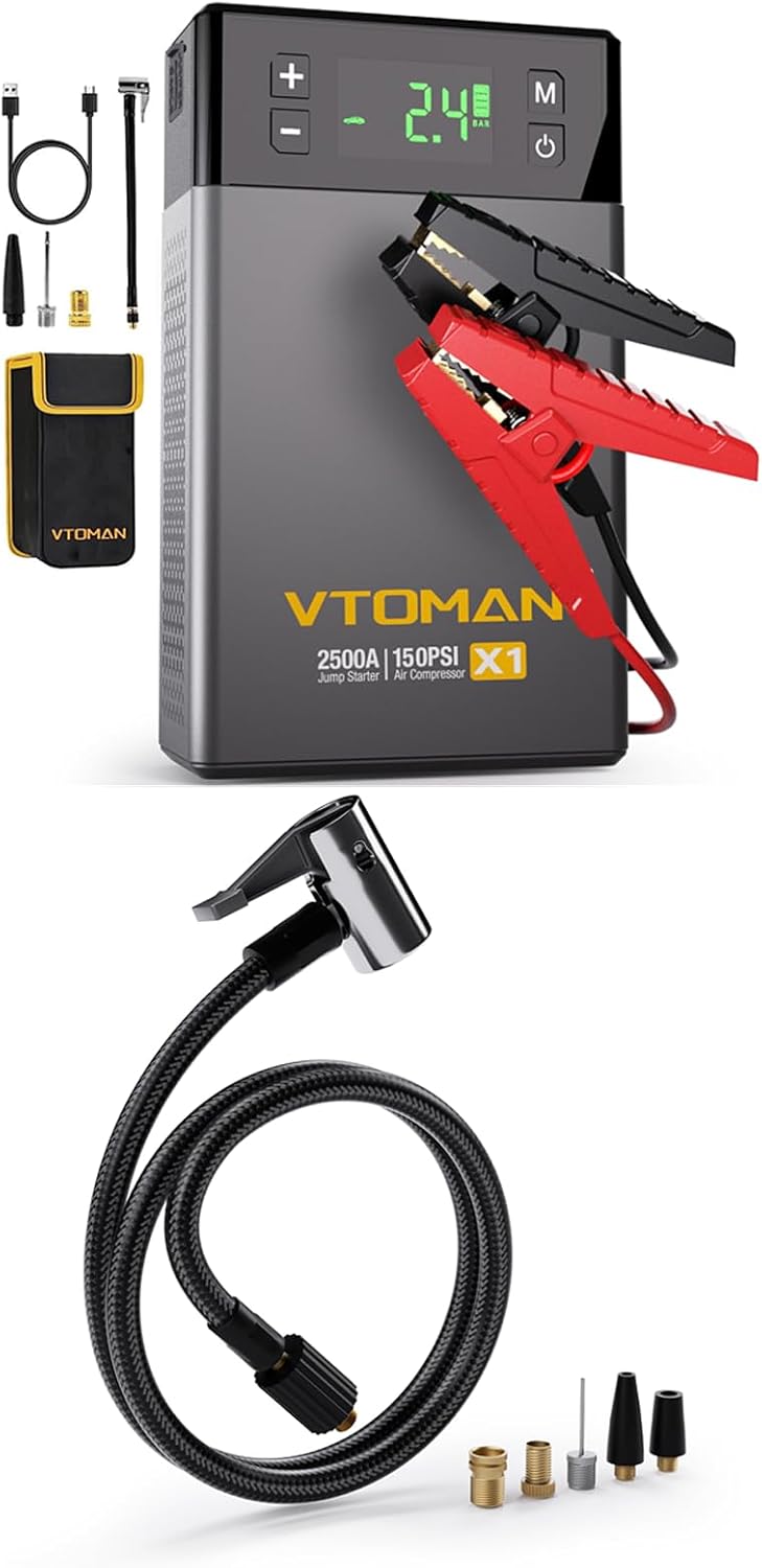 VTOMAN X1 Jump Starter with Air Compressor, Car Battery Jumper Starter (2500A,Up to 8.5L Gas/6L Diesel Engine) with 150PSI Auto Tire Inflator + Air Inflator Hose