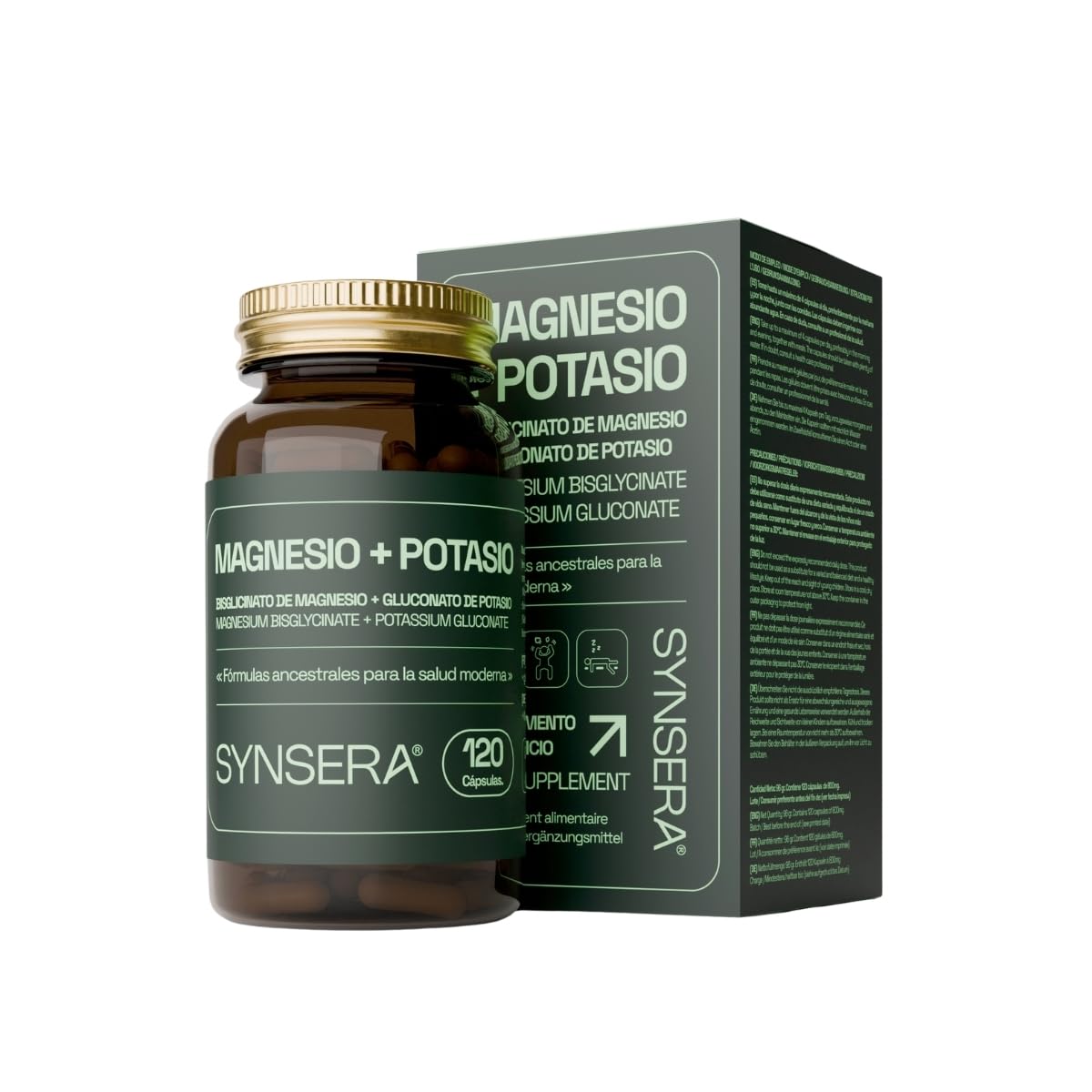SYNSERA - Magnésium Bisglycinate et Potassium Gluconate - Supplément Premium Haute Absorption - Antifatigue, Sommeil, Stress et Crampes Musculaires - Formule Technique Avancée - 120 Gélules