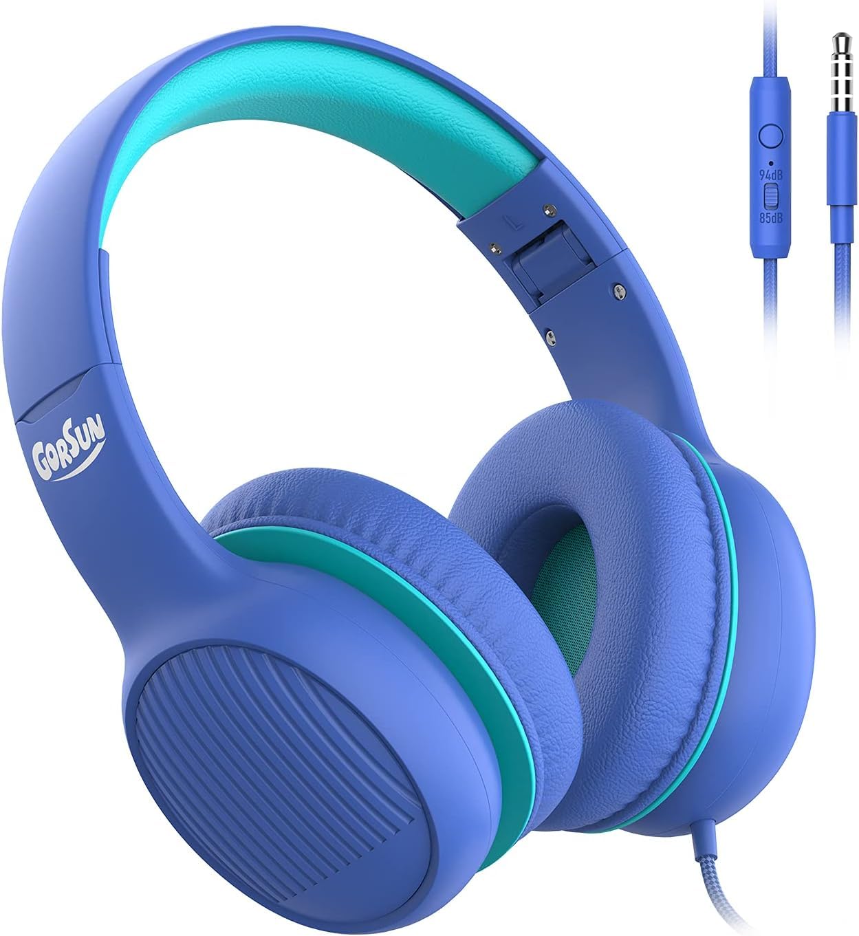 gorsun Wired Kids Headphones, 85dB/94dB Volume-Limited Toddler Headphones,3.5mm Kids Headphones with Cord,in-Line HD Mic, Audio Sharing,Foldable Kids Headset for School with Travel, Blue