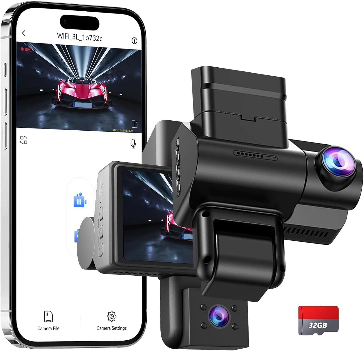 Front and Rear Dash cam with Parking Monitoring, 2K + 1080P Camera with 32 GB SD Card, Motion Detection, Infrared Night Vision, Sensor