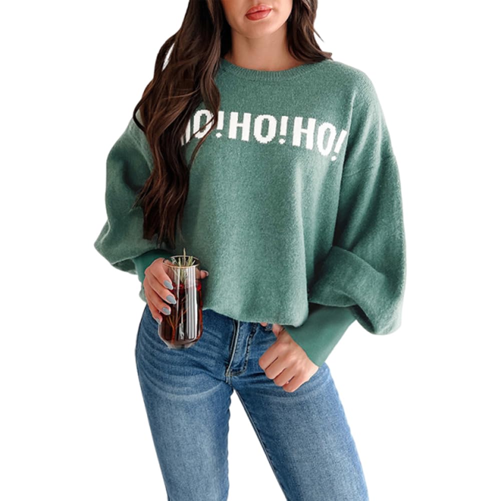 Melliflo Womens Merry Christmas Sweaters Crewneck HO HO HO Pullover Sweater Drop Shoulder Lantern Sleeve Holiday Sweater