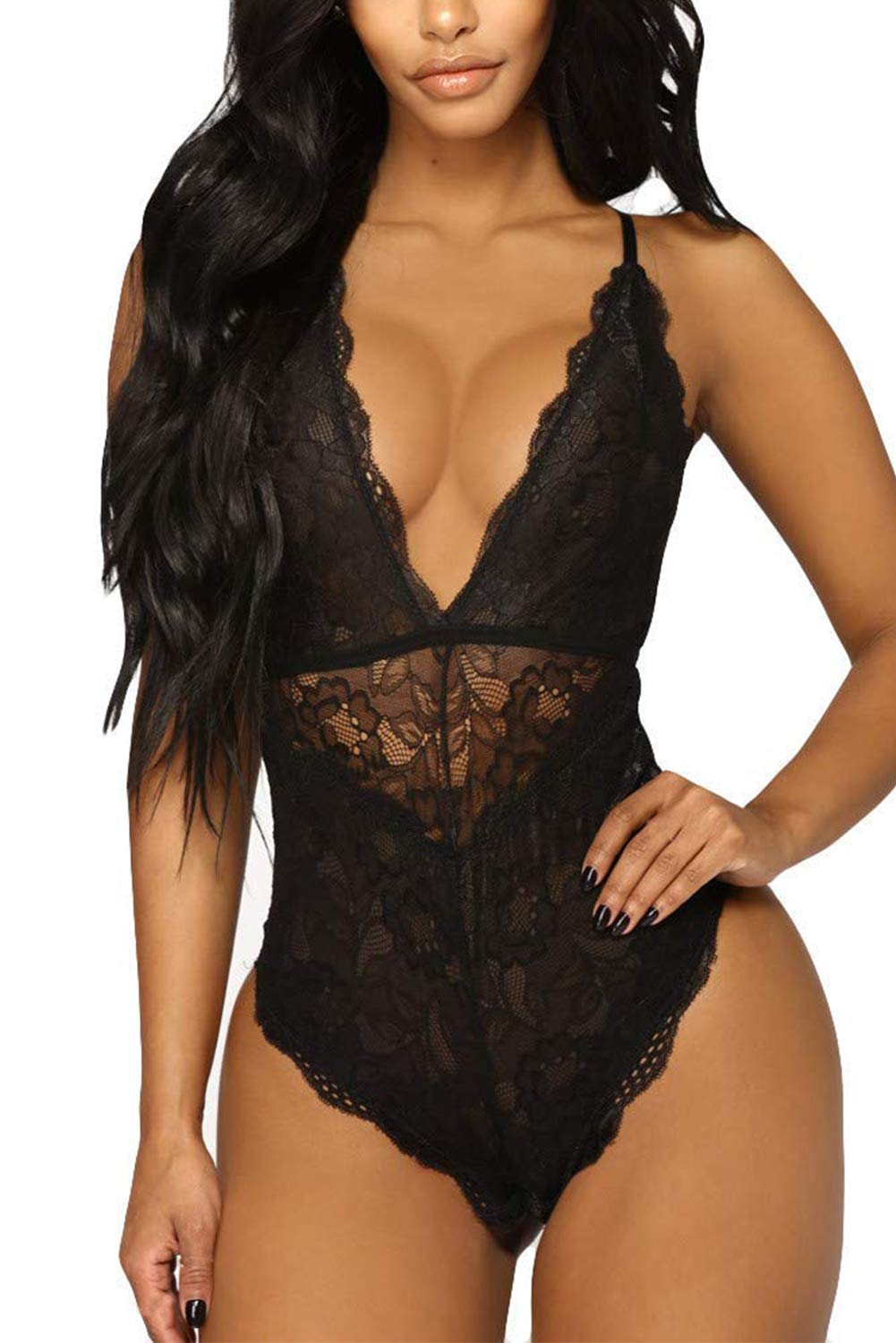 Aranmei Women Deep V Sexy Lace Bodysuit Snap Crotch Lingerie Teddy Underwear Plus Size