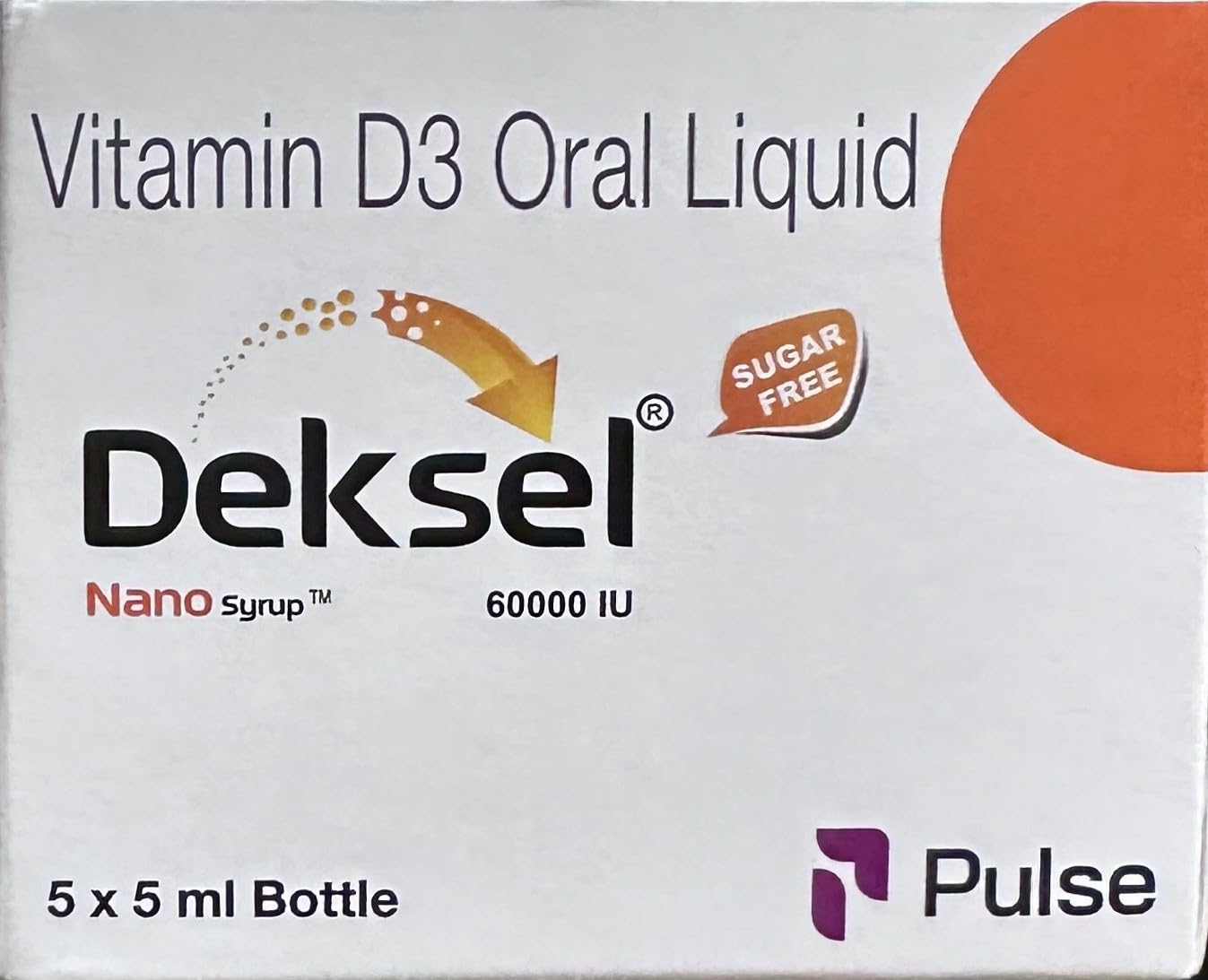 Deksel Nano Syrup, Vitamin D3 Oral Liquid, Cholecalciferol 60000 IU, Sugar Free, 5 x 5 ml Bottle | Nano Droplet Technology