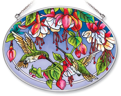 image for Amia 5669 Medium Oval Suncatcher with Hummingbird and Fuchsia Design, 