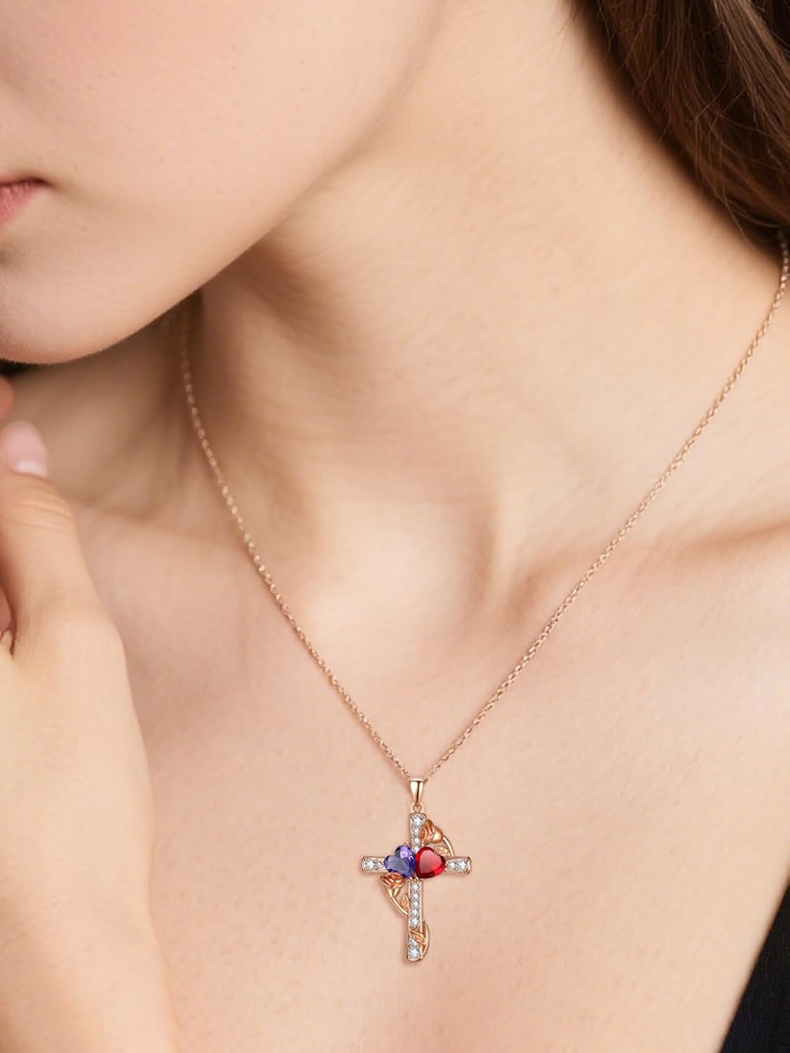 Rose Gold Dual Birthstones Cross Necklace for Women Rose Flower Jewelry Anniversary Christmas Mother's Valentine's Day Birthday Gift for Wife Girlfriend Mom - Image 6