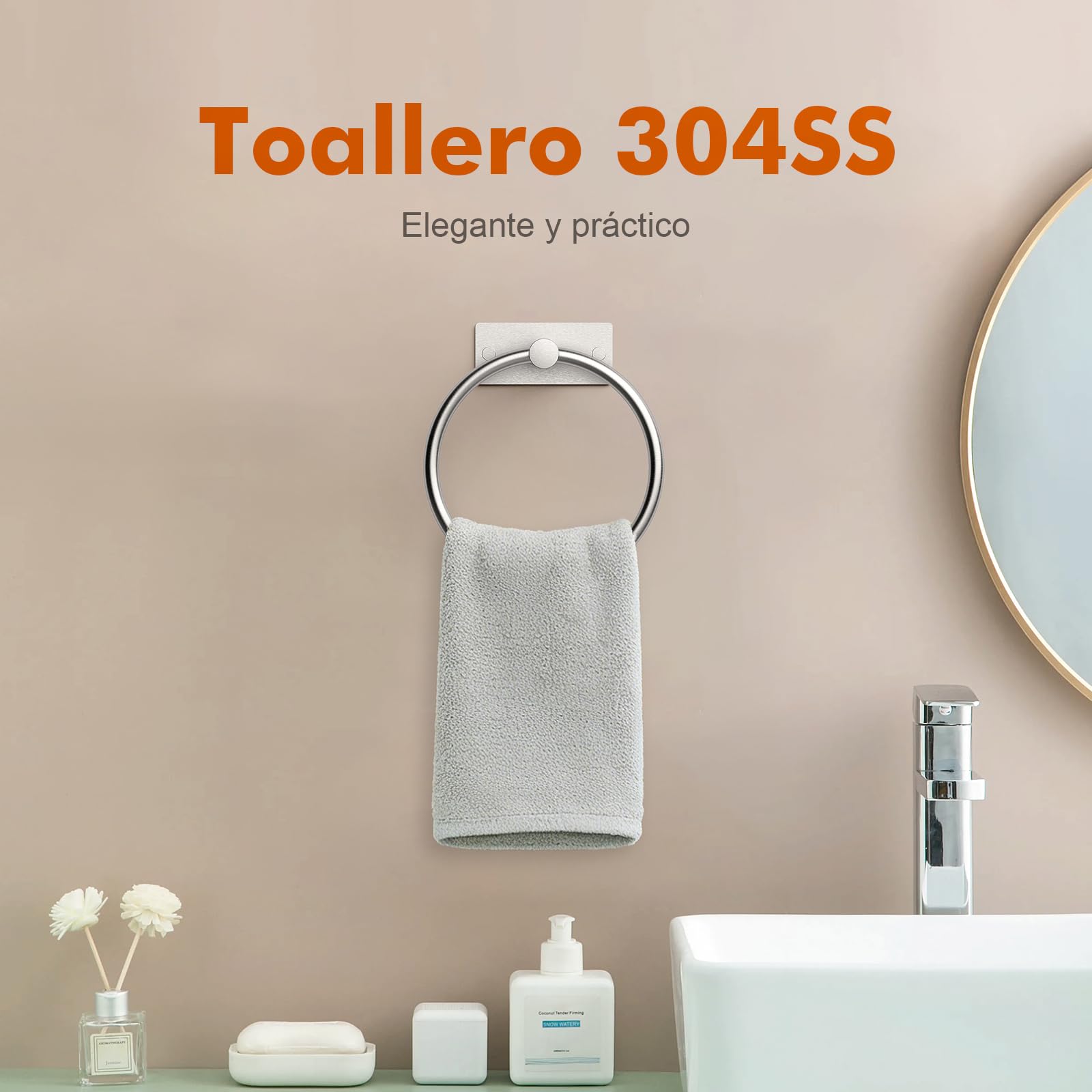Ibergrif M34455A Toalleros Adhesivo, Dos métodos de instalación (Adhesivo y Perforación), Toallero de Anilla Baño Sin Taladro, Acero Inoxidable, Cepillado — view 2