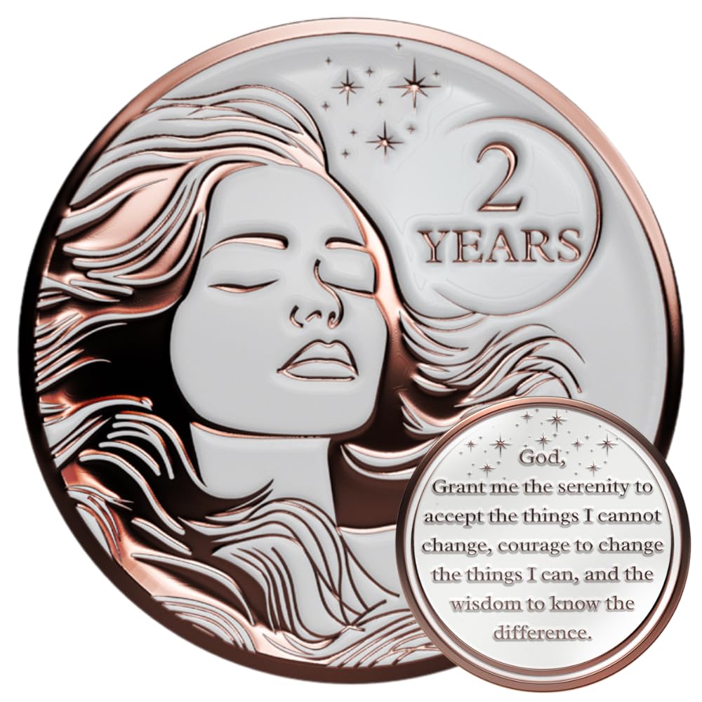 MilestoneMint 2 Year Sobriety Coin - Woman's Serenity Coin - Two Year Sobriety Gift AA Medallion w/Token Capsule, Stand & Card - Anniversary Gift for
