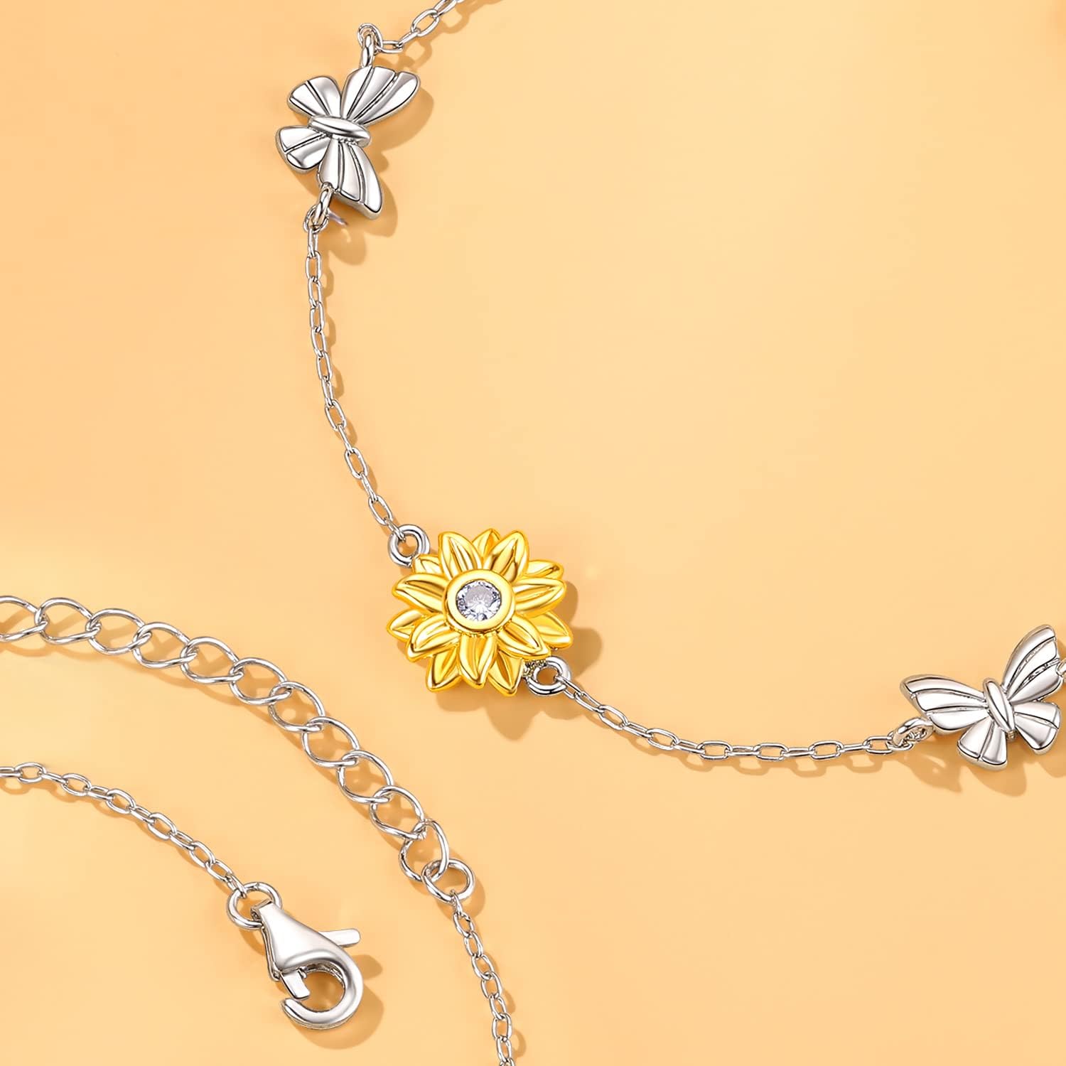 SNZM Bracelets for Women, 925 Sterling Silver Sunflower Bracelet Chain Adjustable Heart Charm Link Birthday Sunflower Jewelry for Women/Girlfriend
