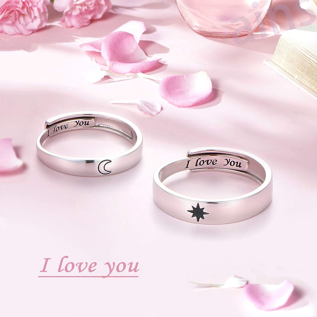 Couple Ringe S925 Sterling Silber Partnerringe Verlobung Promise 2In1 Ich liebe dich Sonne und Mond Stern Paar Ringe für Damen Männer Einstellbares Herz ringe