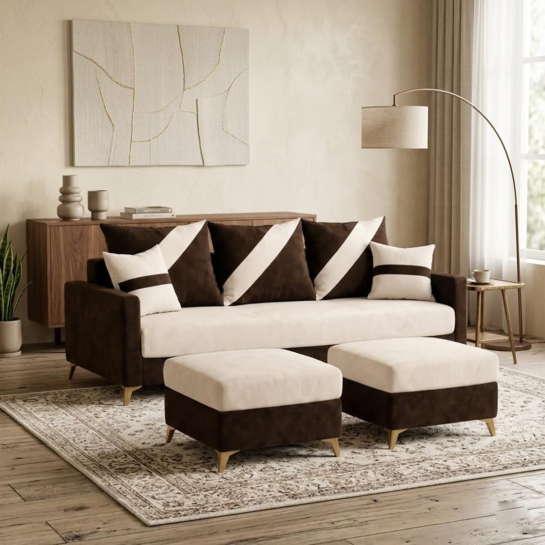 CASASTYLE Canva 5 Seater L Shape Sofa Set with 2 Movable Ottoman | Flexible Left or Right Layout | Cozy Velvet Fabric | Soft Touch Seating | Modern Designer Sofa for Living Room (Dark Brown-Cream)