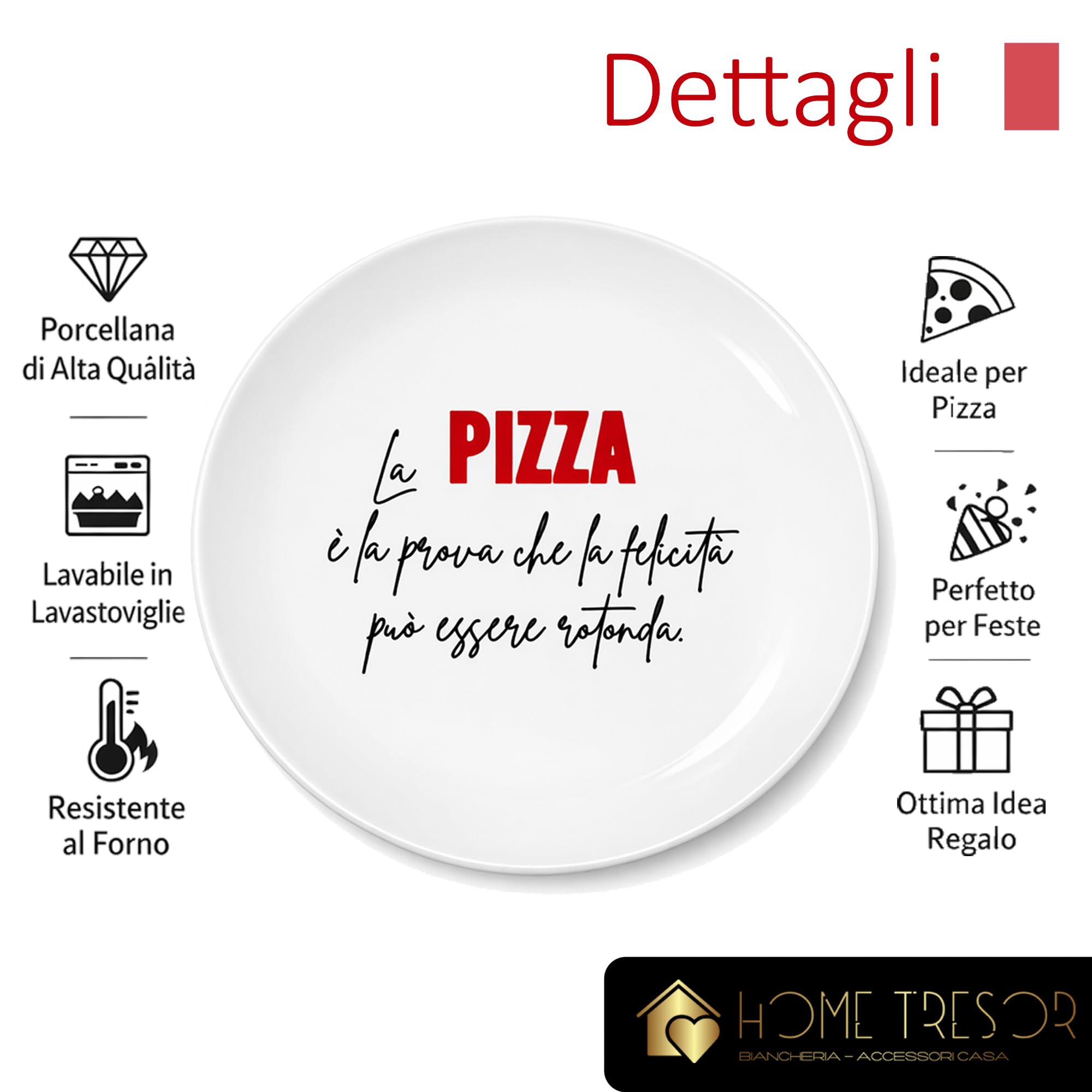Home Tresor Set 6 Piatti per Pizza Grandi in Porcellana Decorati con Scritte, Piatti Portapizza Rotondi 31 cm Resistenti e Adatti a Microonde e Lavastoviglie Mod. PIZZA Mood