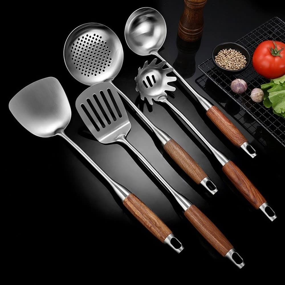 Set di Utensili da Cucina in Acciaio Inox 304 con Supporto, 6 Pezzi di Utensili da Cucina con Manico in Legno, Set di Utensili da Cucina antiaderenti, Utensili da cu