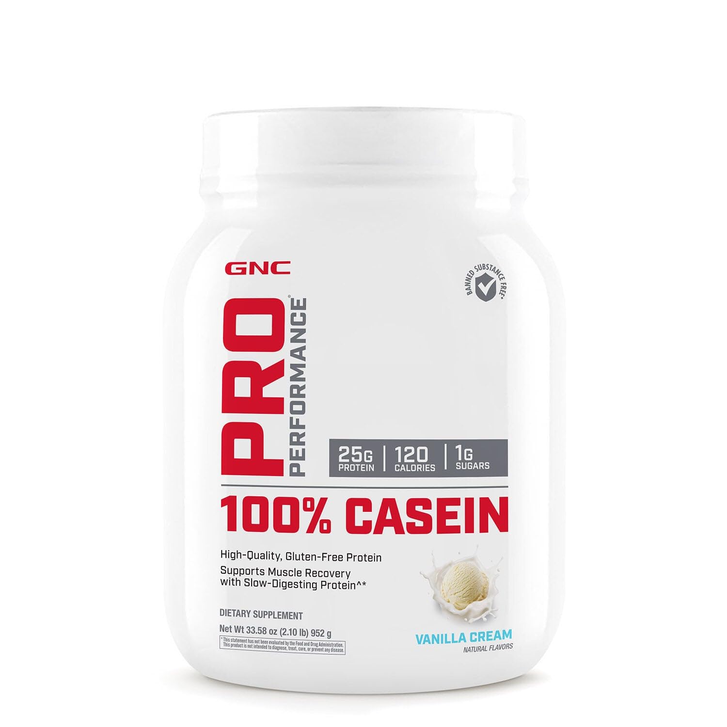 GNC Pro Performance 100% Casein Protein Powder, 25g Protein, Supports Sustained Muscle Strength, Recovery, Slow Digesting, Gluten Free, 3rd Party Tested, Vanilla Cream, 28 Servings