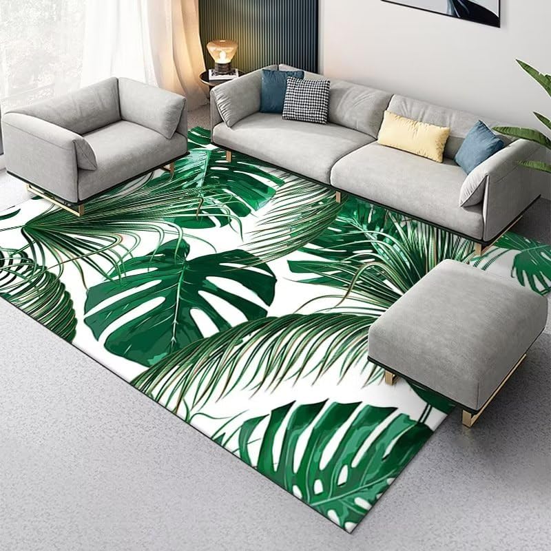 Tapis salon vert foncé grandes feuilles moderne 120x180cm pour salle à manger