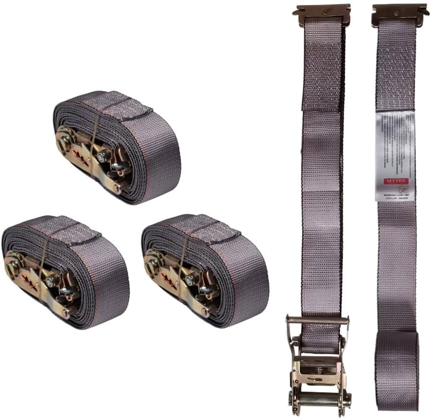 Mytee Products (4 Pack) 2'' x 16' E Track Straps w/Spring E-Fittings - Grey Ratchet Etrack Straps w/Heavy Duty 4000 lbs Breaking Strength for Enclosed Trailers, Trucks & Vans