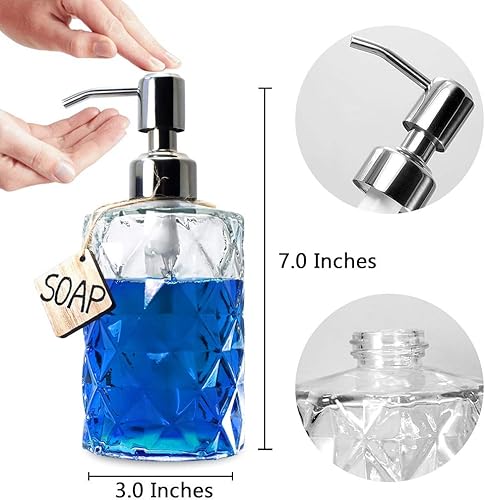 JASAI Diamond Design 12 Oz Glass Soap Dispenser, Kitchen soap Dispenser with 304 Rust Proof Stainless Steel Pump, Bathroom Soap Dispenser for Hand Soap, Soap, Lotion(Clear).(Clearglass-silver Pump,Diamond)