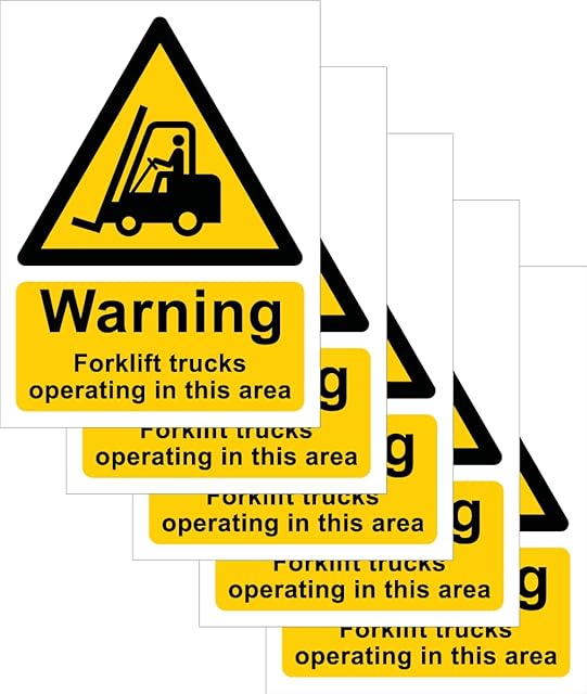 Pack of 5 self adhesive vinyl safety signs 135mm x 180mm -Warning Forklift trucks operating in this area