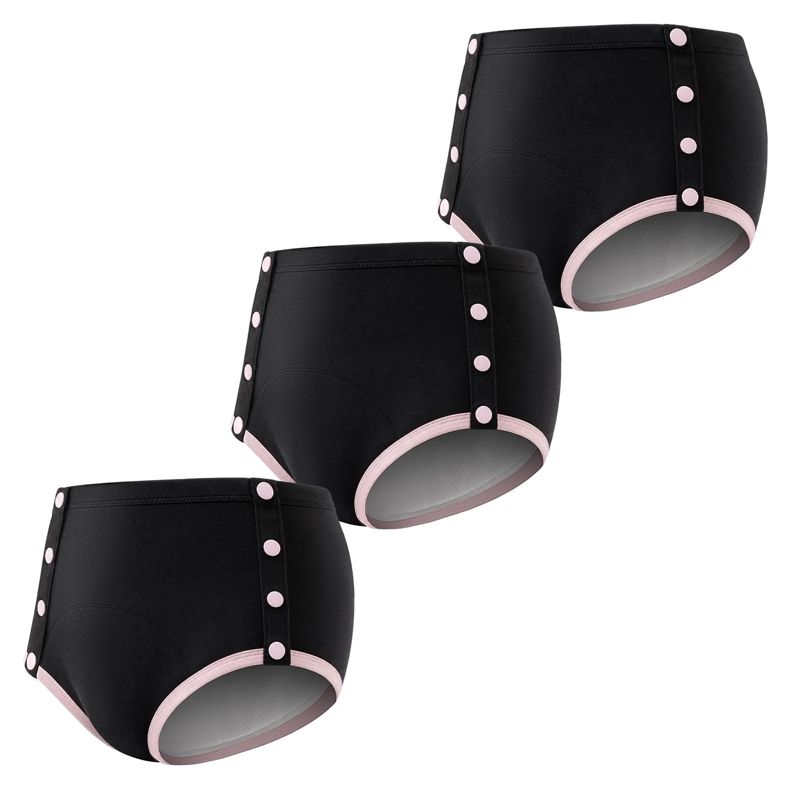 Carer Pack de 3 Braguita Incontinencia Mujer 230 ml Absorción Algodón Ropa Interior Antifugas Botones a Presión Laterales Fácil de Cambiar, Reutilizable Lavable para Incontinencia, Negro Talla XXL