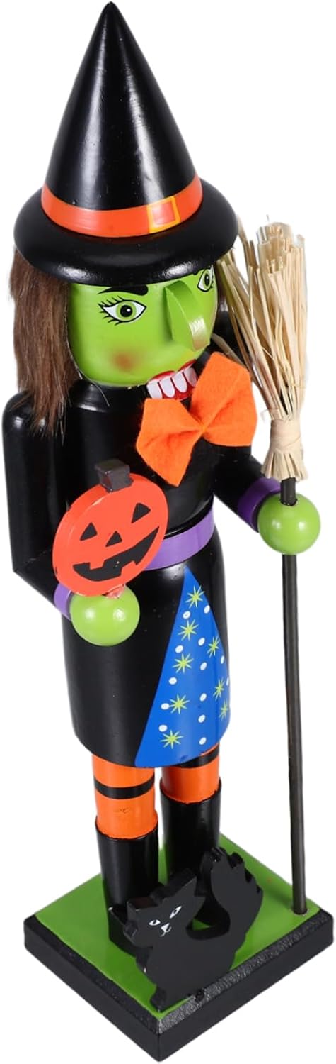 Wooden Nutcracker Soldier Witch Figurine Halloween Decor for Unique Displays Great for Tables Shelves and Goody Bag Fillers
