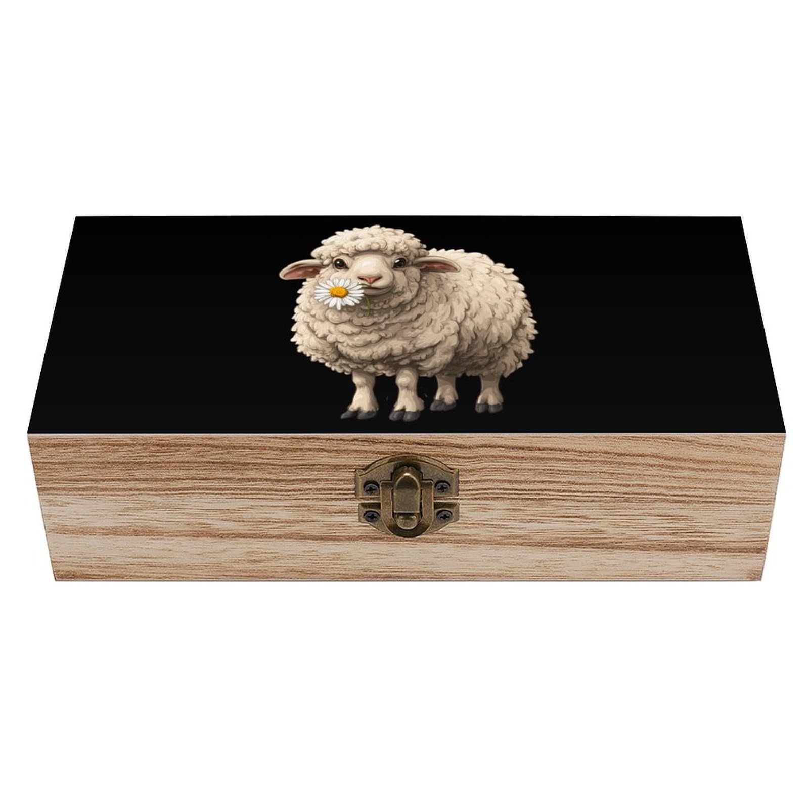 HLBSDM Sheep Daisy Flowers Wooden Box with Hinged Lid Decorative Storage Case Container