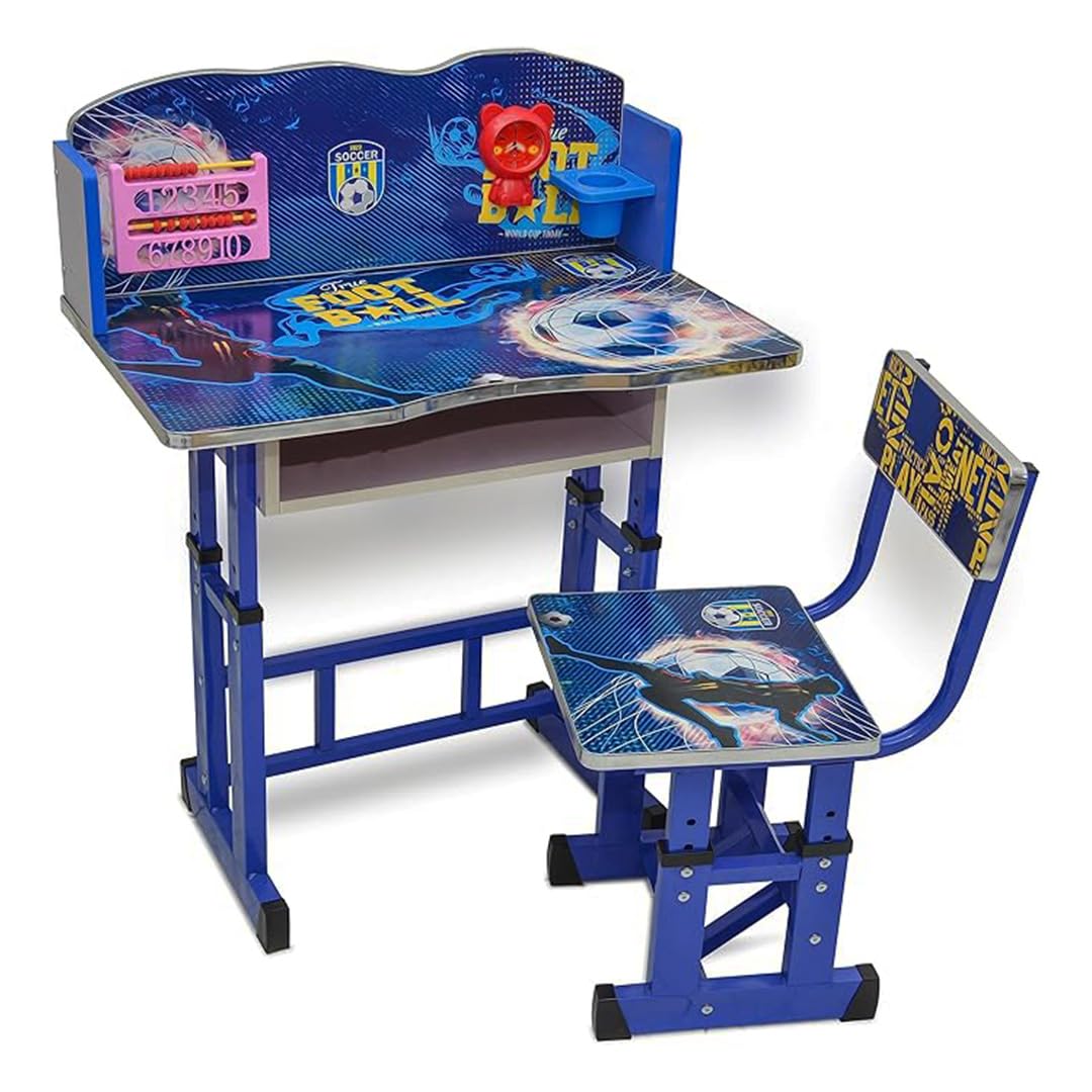 Multi Home Furniture Blue Adjustable Kids Study Table and Chair Set – Ergonomic Study Desk with Drawer, Tilted Desktop & Footrest – Homework Desk for Boys, Children Aged 3–14, Football Theme