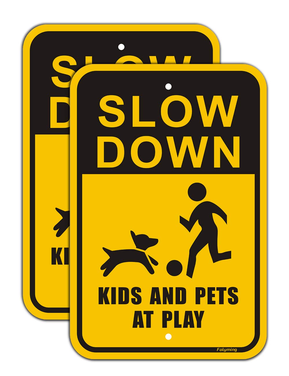 2 Pack Slow Down Kids & Pets At Play Yard Signs - 12x12 Inches, Aluminum With Metal Stakes, Weatherproof